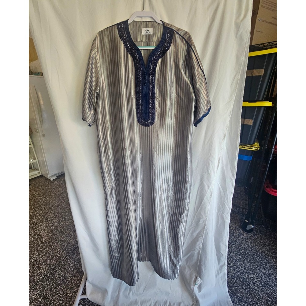 JAAN Men's Gray/Blue Striped Djellaba Kaftan Thobe, Size 62 Satin Polyester